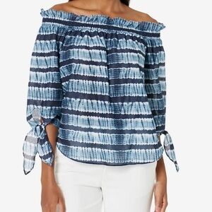 Michael Michael Kors Stripe Cotton Chambray Off The Shoulder Top, Medium